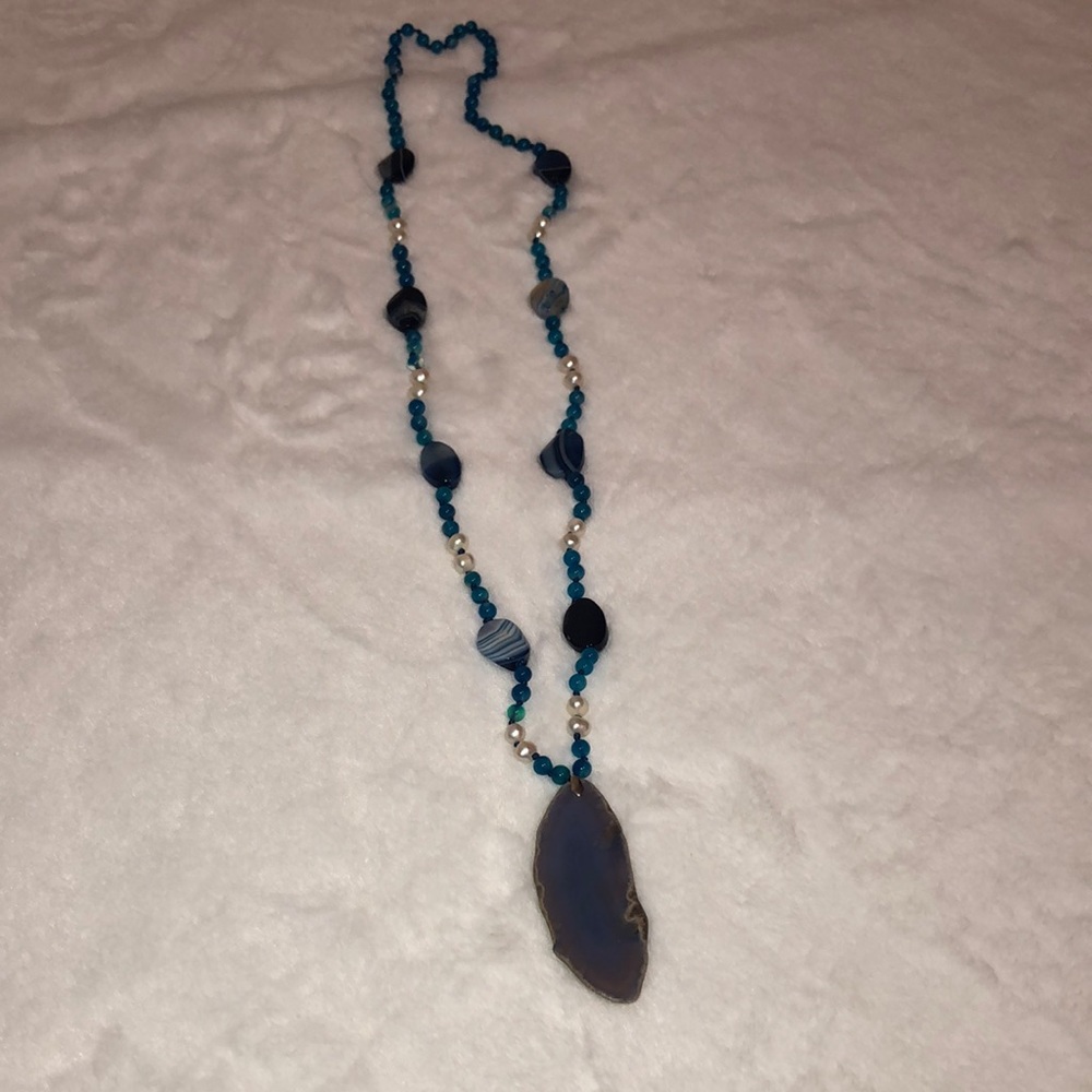 Blue agate fresh water pearl necklace